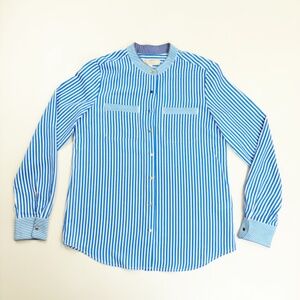 BANANA REPUBLIC Banker Blouse Small Striped Contrast Piping Gold Buttons Blue